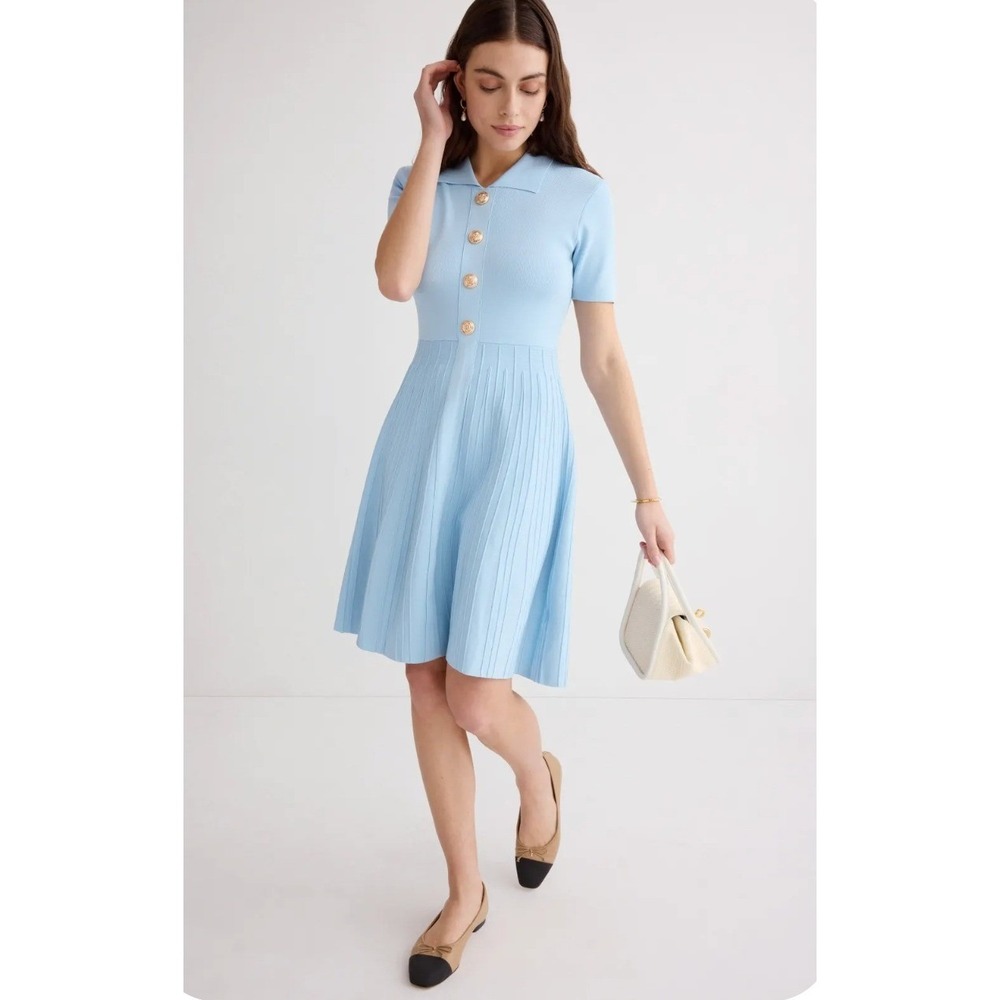 Alexia Admor Soren Fit Flare Dress Knit Light Blue Collared Short Sleeve Sz M